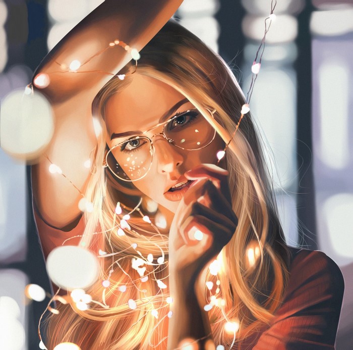 Painting of a blonde girl with glasses and fairy lights
