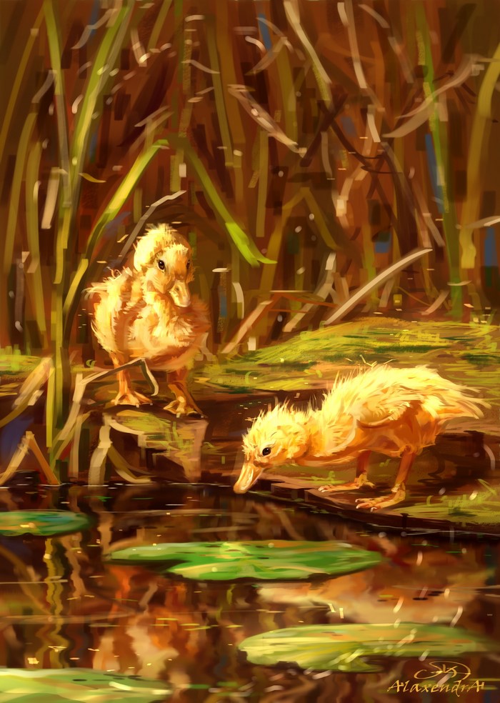 Two ducklings by a pond with reeds