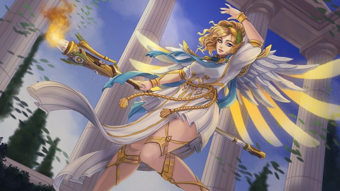 Mercy from Overwatch with a staff