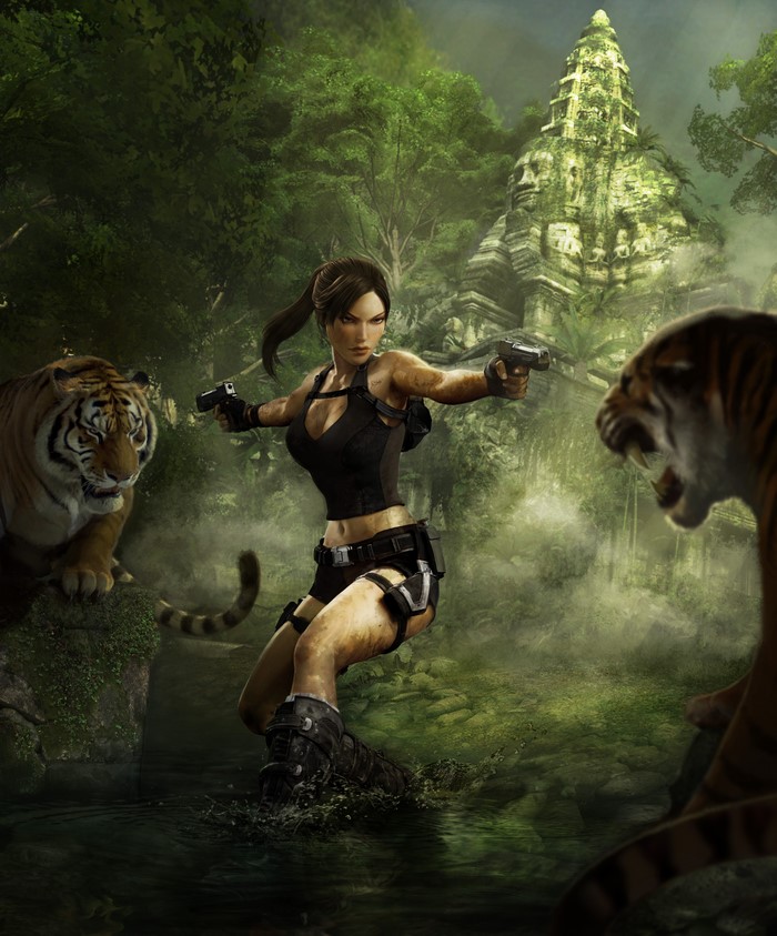 Lara Croft from Tomb Raider with Pistols and Tigers