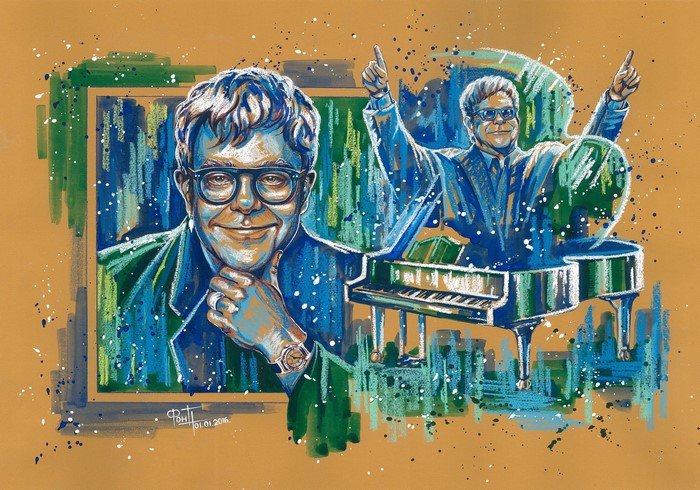 Elton John painting with piano