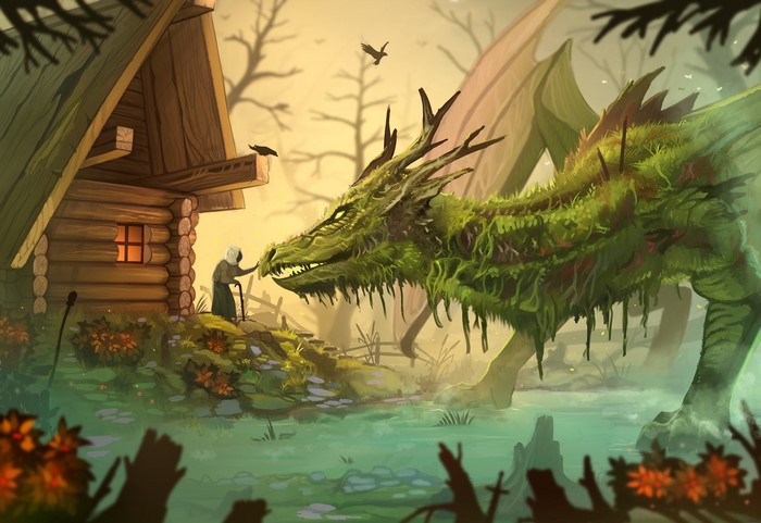 Old woman and a moss-covered dragon by a cabin