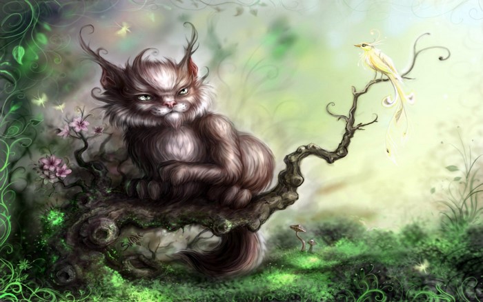 Fantasy cat and bird in a magical forest