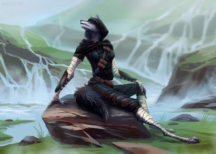 Anthropomorphic wolf warrior sitting by waterfalls