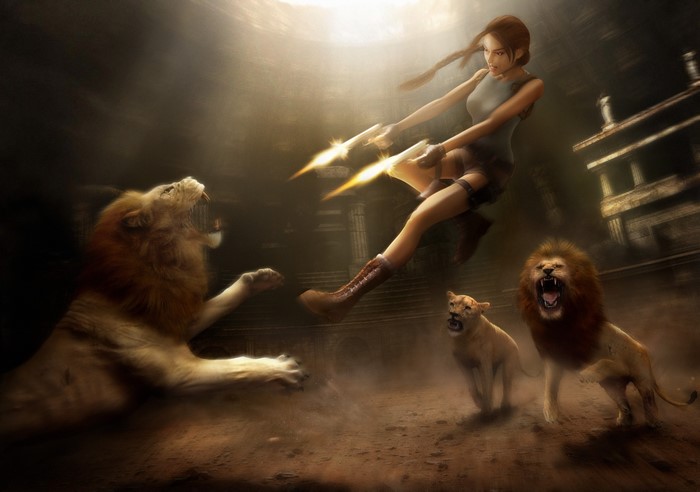 Lara Croft from Tomb Raider Anniversary fighting lions