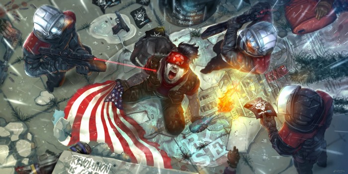 Revolutionary fighters in a battle with American flag