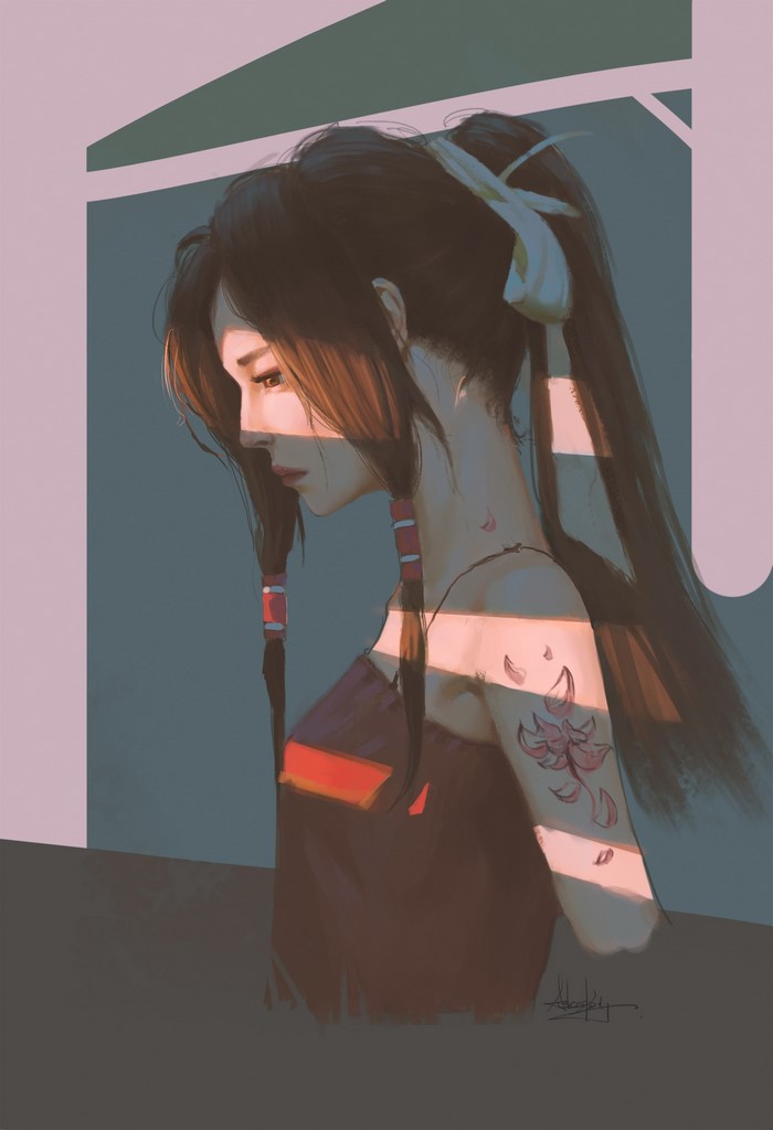 Painting of a woman with brown hair and tattoos