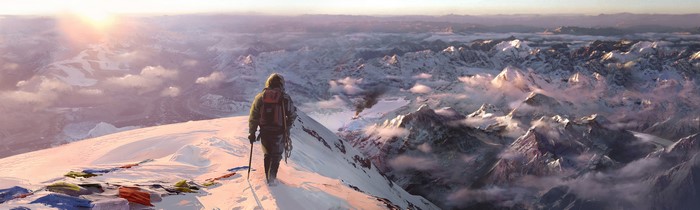 Climber on a snowy mountain ridge with Far Cry 4 mountains in background