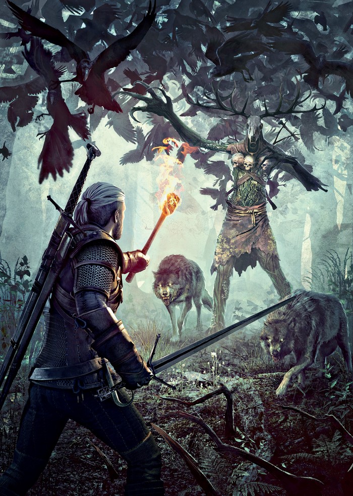 Geralt of Rivia fighting a Leshen with wolves
