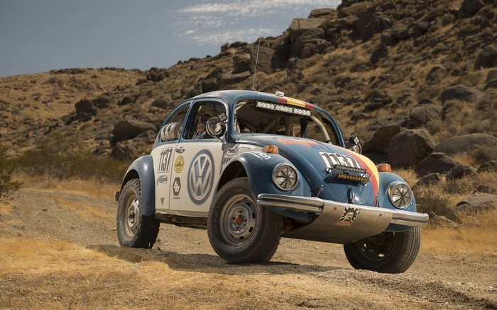 Baja 1000 Volkswagen Beetle in a desert landscape