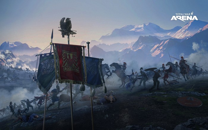 Total War: Arena battle with banners and mountains