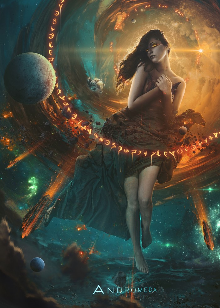 Andromeda: Woman in Cosmic Vortex with Planets and Symbols