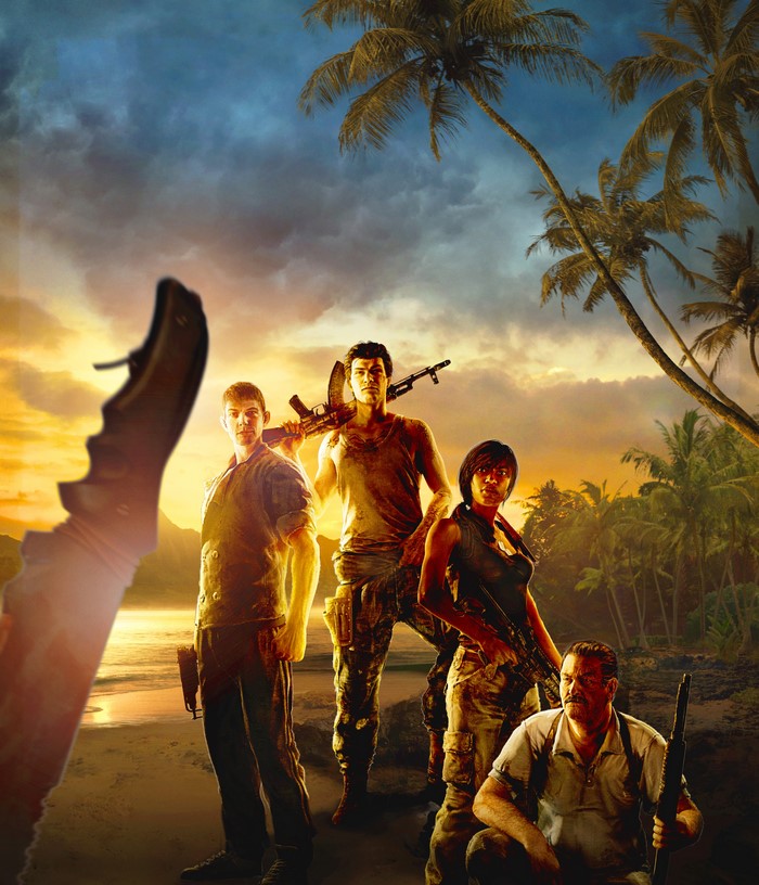 Far Cry 3 characters on a beach at sunset