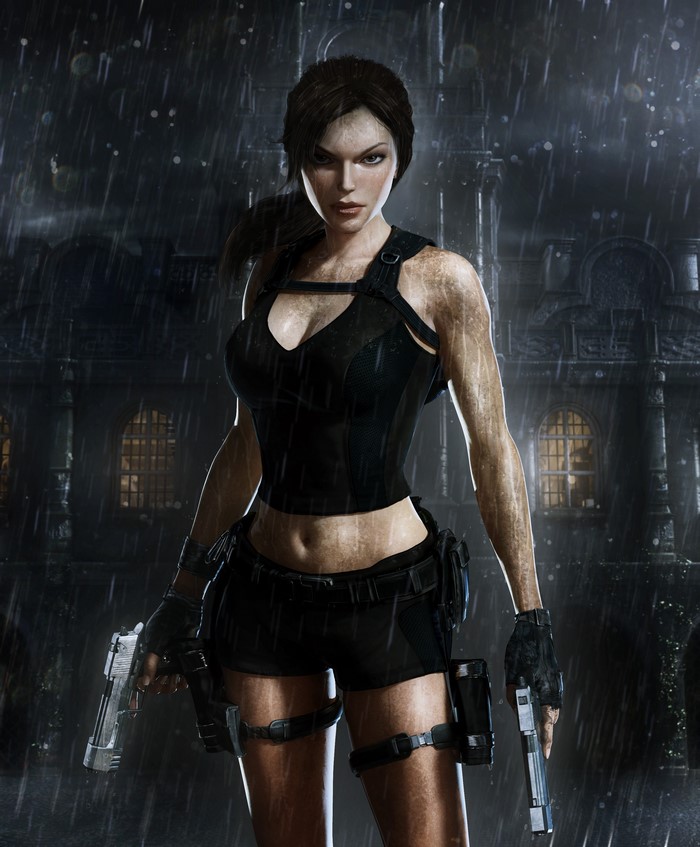 Lara Croft from Tomb Raider in the rain with pistols