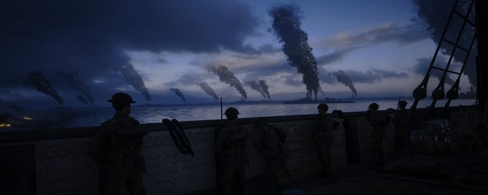 Soldiers on a ship with smoke plumes in the distance