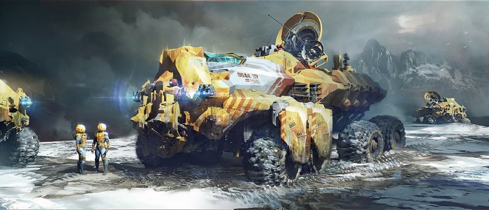 Space Engineers futuristic vehicles and astronauts on alien planet