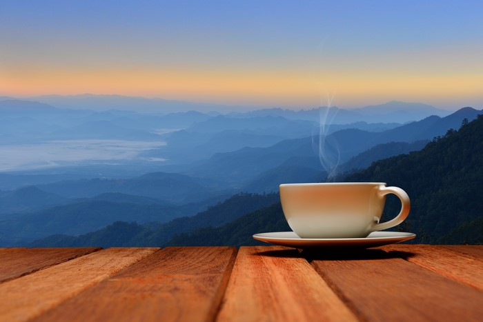 4K Morning Coffee with Misty Mountain View