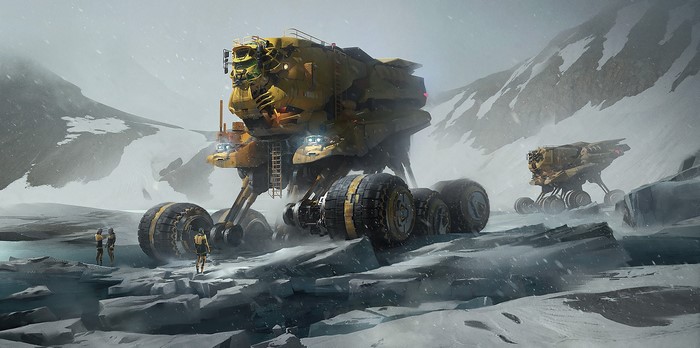 Yellow mechs on a snowy planet with astronauts