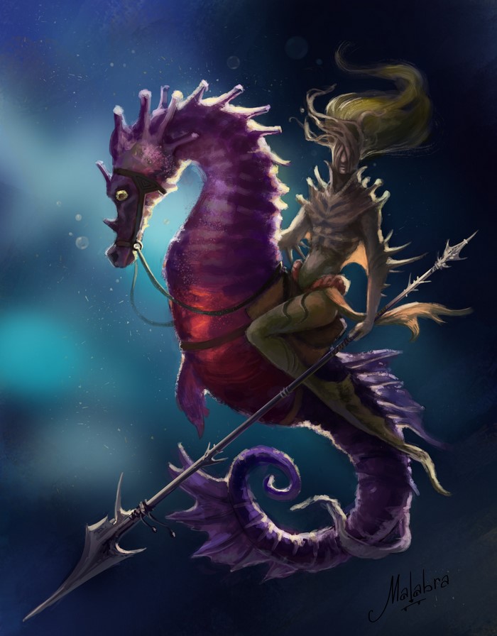 Warrior riding a purple seahorse with a spear