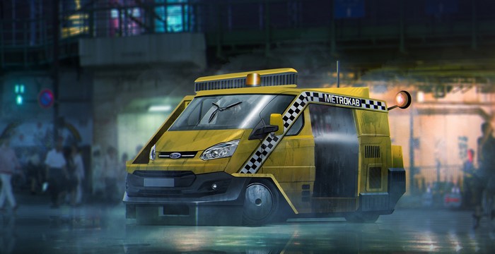 Yellow Ford Transit MetroKAB in Blade Runner 2049 style
