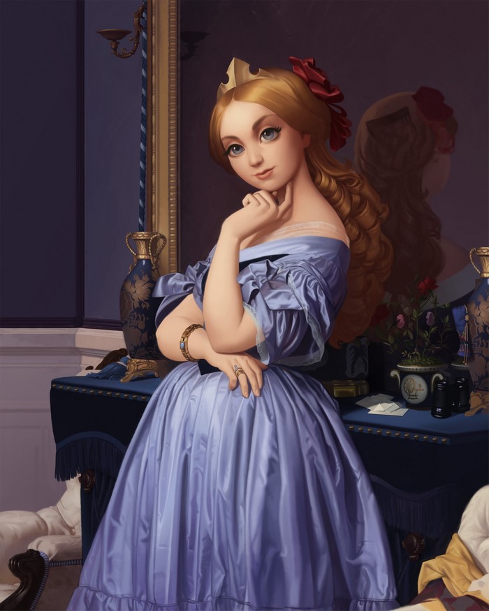 Woman in a blue dress with a crown