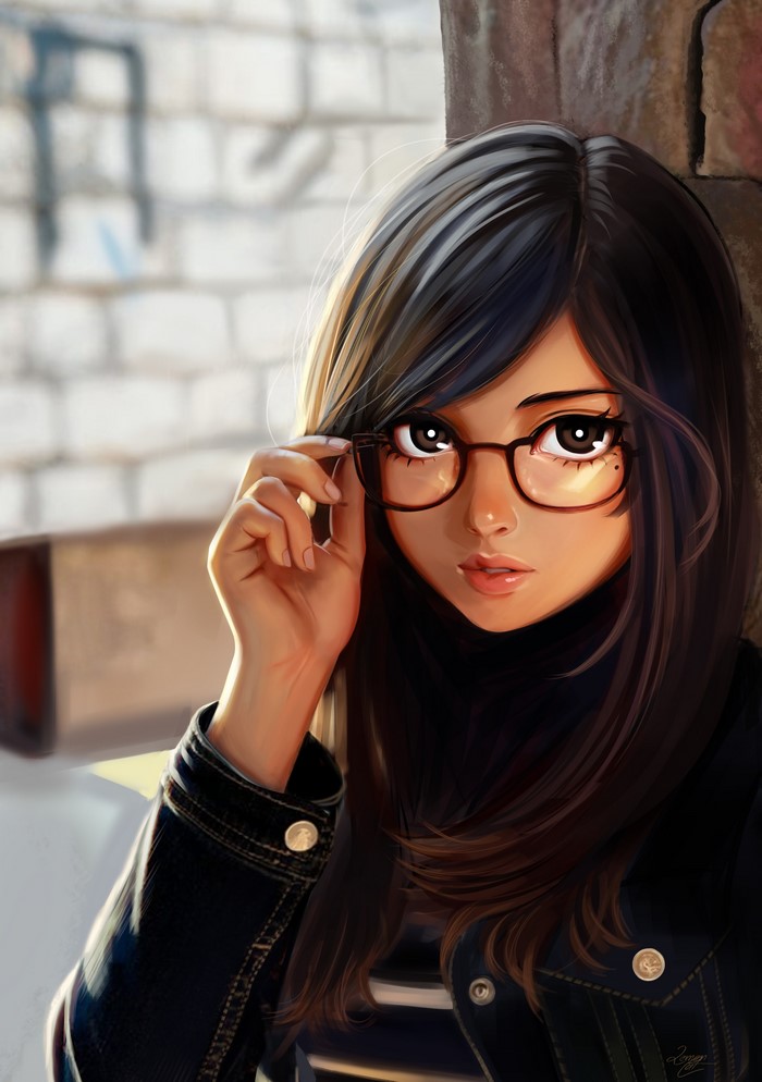 Painting of a Brunette Girl Wearing Glasses