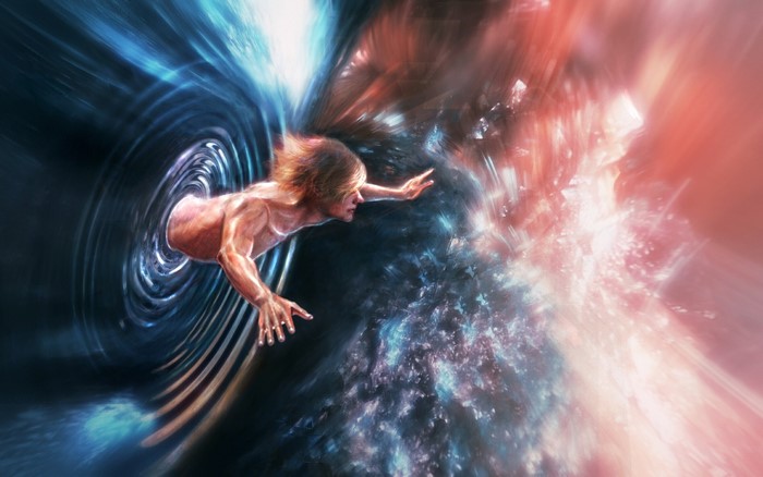 Man emerging from a swirling vortex into a cosmic explosion