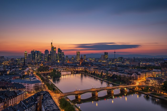 Frankfurt Skyline at Dusk with River and Bridges