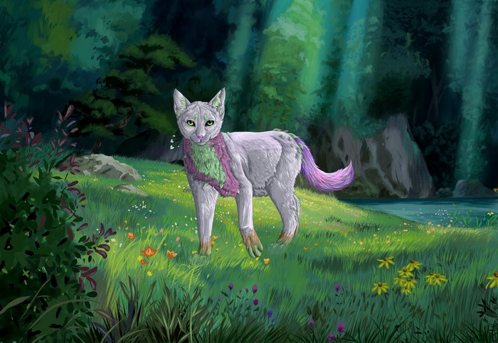 Fantasy Cat in a Sunlit Forest