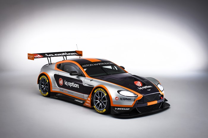 Aston Martin V8 Vantage GTE race car with IQ Option livery