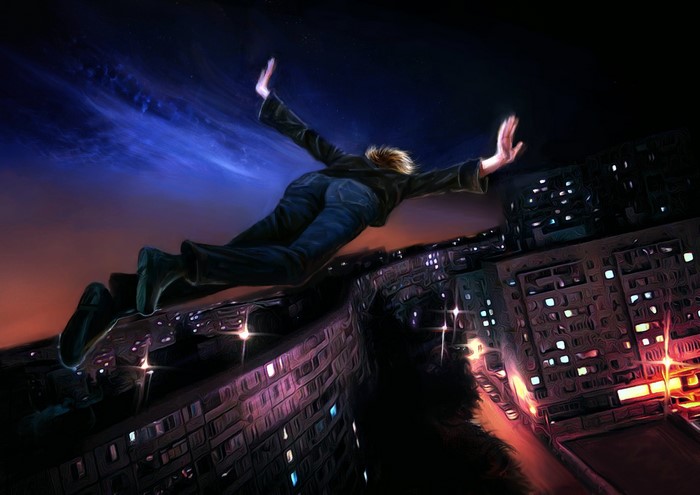 Man falling from a building at night