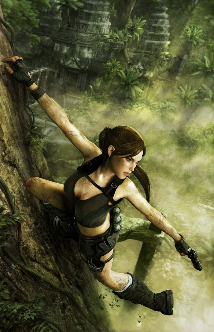 Lara Croft from Tomb Raider Underworld climbing a tree