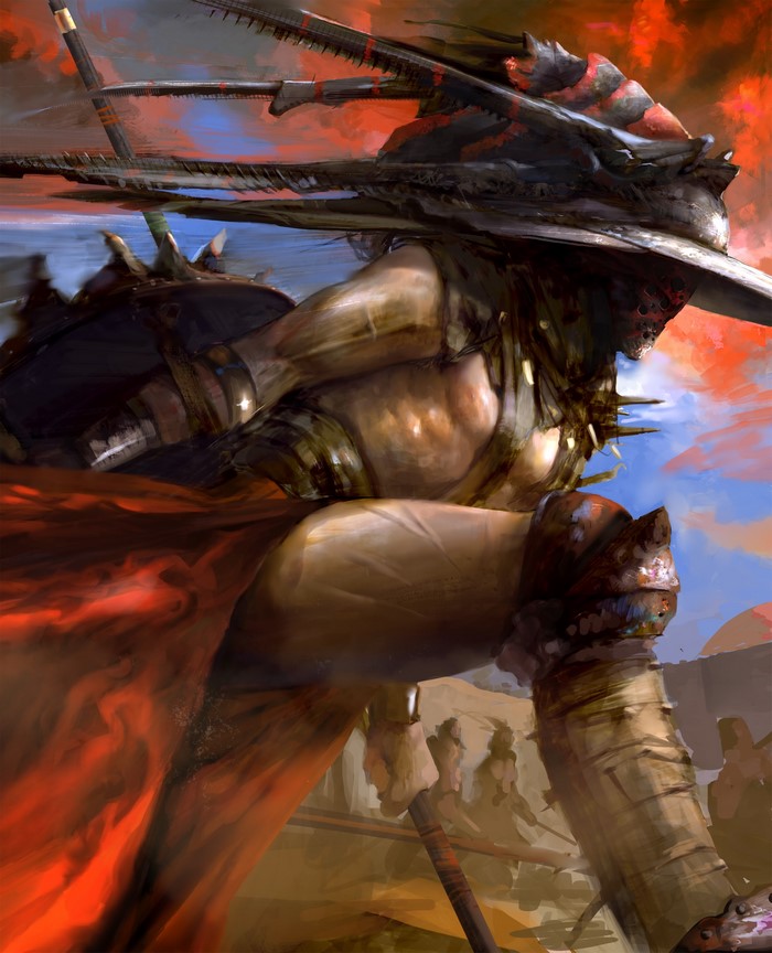 Warrior in a wide-brimmed hat and red cape