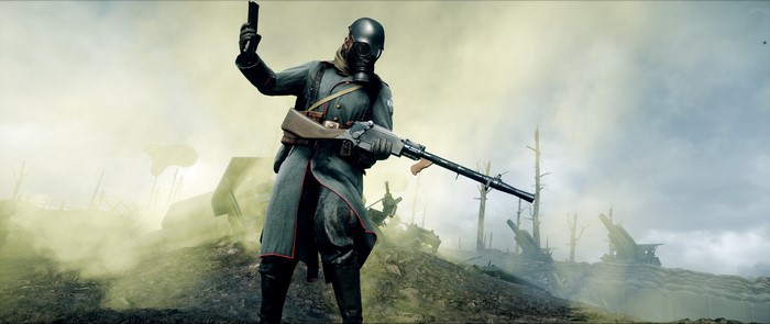 Soldier with gas mask and rifle in Battlefield 1