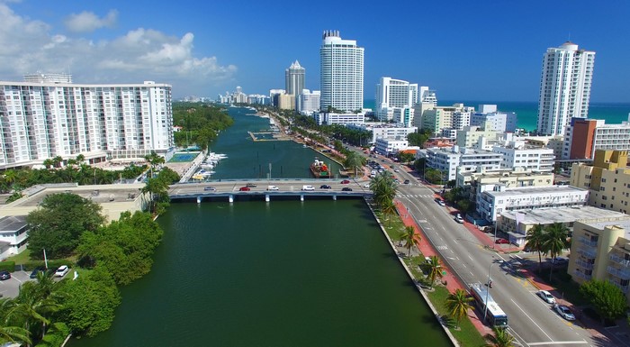 Miami Florida Canal with Bridge and Skyline
