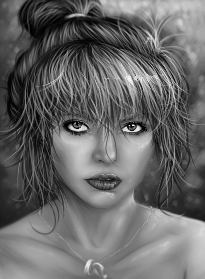 Black and white painting of a woman with messy hair
