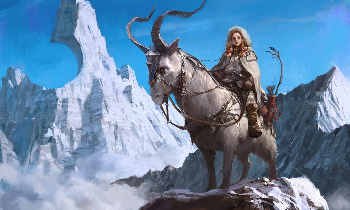 Warrior riding a magical goat in snowy mountains