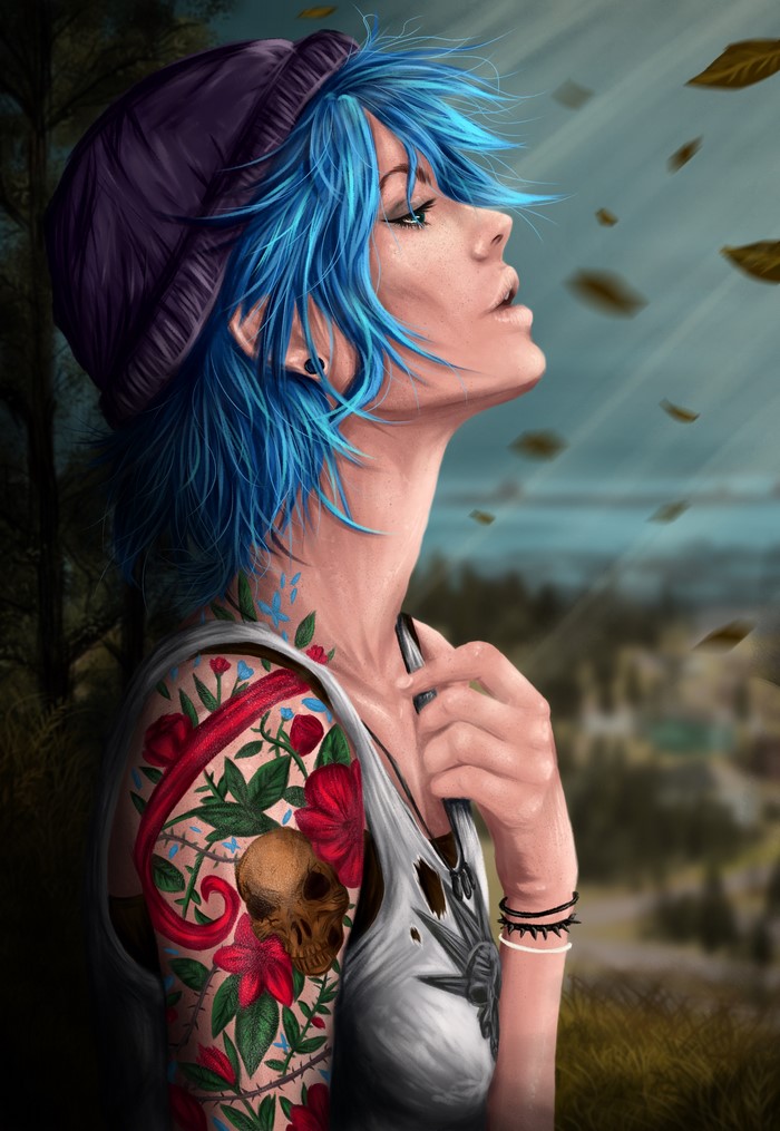 Chloe Price with blue hair and tattoos