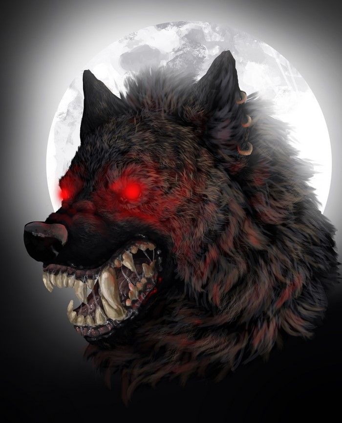 Werewolf with glowing red eyes against a full moon