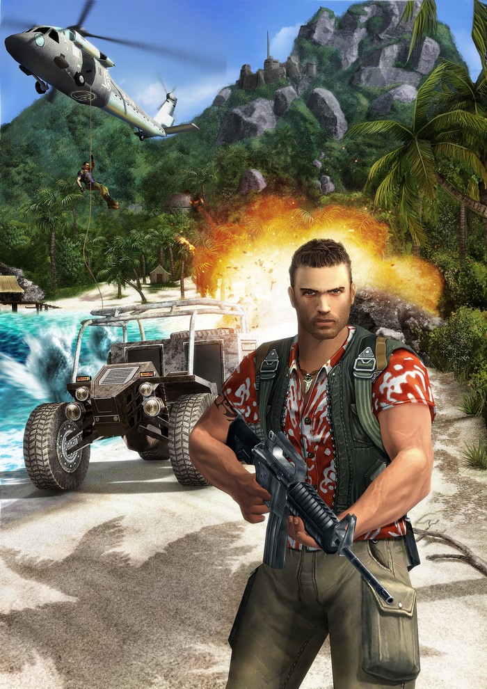 Man with assault rifle on tropical island