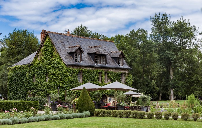 Ivy-covered house with garden and umbrellas in France