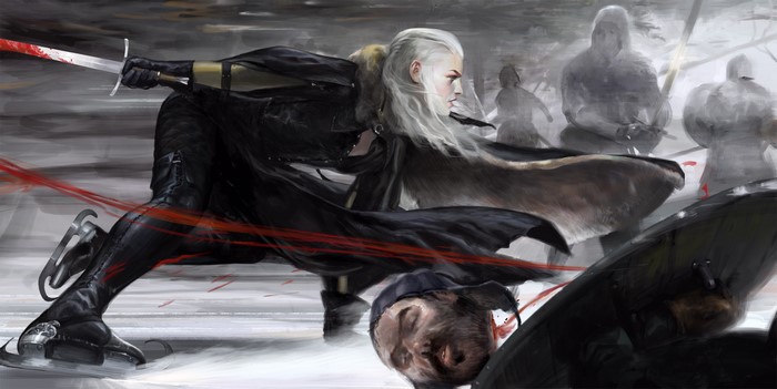 Ciri from The Witcher fighting on ice skates