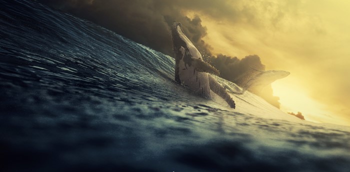 Whale breaching in a stormy sea