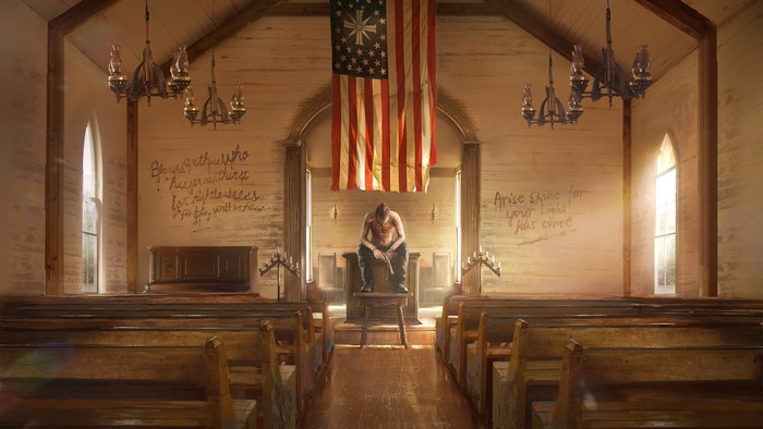 Far Cry 5 Church with American Flag and Man