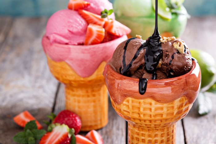 Ice cream cones with chocolate and strawberry flavors