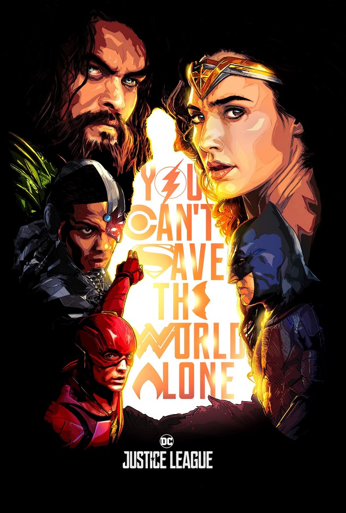 Justice League movie poster with Aquaman, Wonder Woman, Cyborg, Flash, and Batman