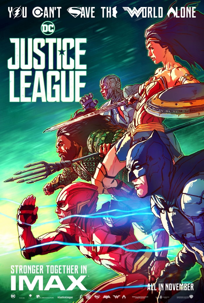Justice League movie poster with superheroes