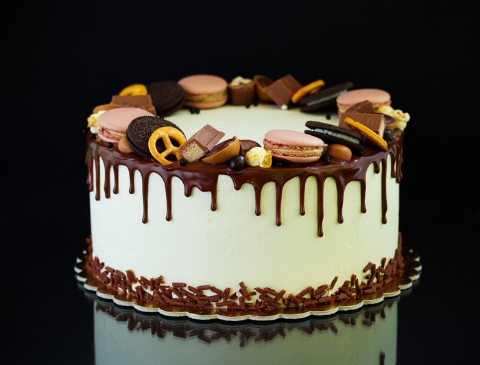 Chocolate Drip Cake with Macarons and Cookies