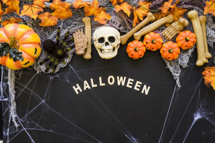 Halloween decorations with skull, pumpkins, and bones