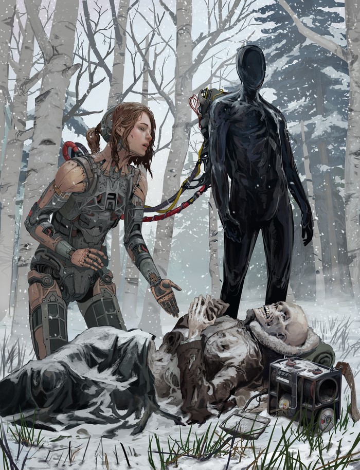 Robot and Skeleton in Winter Forest